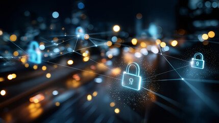 Digital network protection visualization, defocused security elements, cybersecurity concept, data privacy technology, information safety system, antivirus defense infrastructure, 