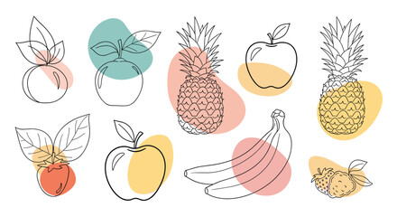 A collection of fresh, exotic, and healthy fruits depicted in a modern outline art style with soft abstract pastel color blocks on a white background.