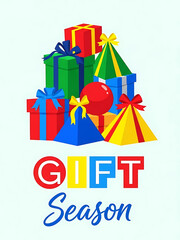 christmas poster with colorful gifts and gift season text, christmas card with party hats and balloon, festive card with ribbons bows and celebration theme
