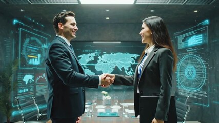 Medium shot of black businessman in suit walking towards male female business partners exchanging handshake successful corporate partnership deal welcoming opportunity in office agreement professional - Powered by Adobe
