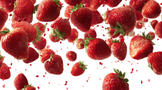 Fresh strawberries falling against a white isolated background.
