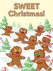 christmas poster with gingerbread snowball fight and sweet christmas text, christmas card with candy canes and snowy hills, festive card with icing-decorated characters and pine trees

