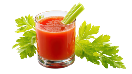 Fresh tomato juice in a glass with celery garnish, white isolate background.