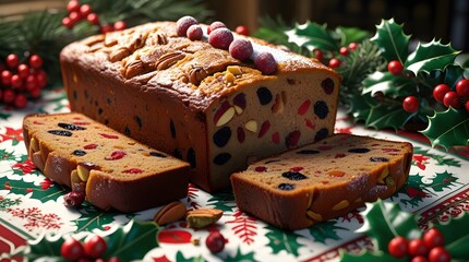 a traditional Christmas loaf fruit cake, freshly baked for Christmas and New Year celebrations, with a golden brown crust, moist and dense texture, and an assortment of dried fruits, nuts, and spices