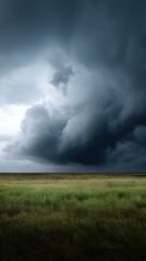Dark storm cloud, ominous sky, green prairie, dramatic weather over field