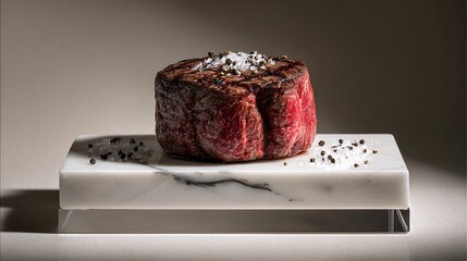 Luxury Filet Mignon Steak with Sea Salt and Pepper on Marble Slab