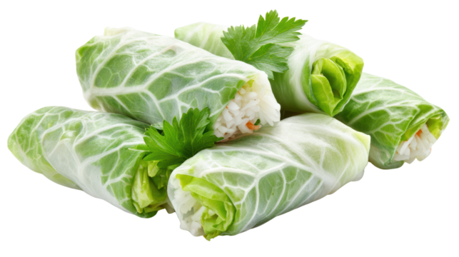 Fresh vegetable spring rolls with rice and herbs on white isolate background.
