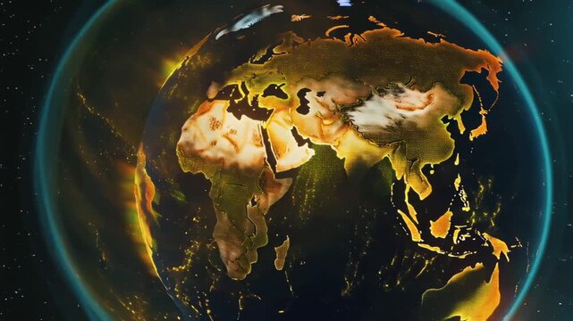 Holographic planet globe of Earth from space digital globe with multiple layers of data points and graphs, with an illuminated padlock icon in the center representing global security 3d rendering futu