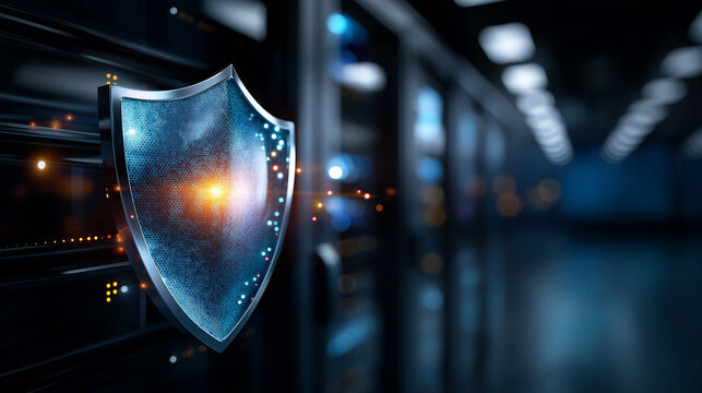 Digital shield glowing in server room, defocused equipment background, cybersecurity concept, data protection environment, modern security infrastructure, information safety facili