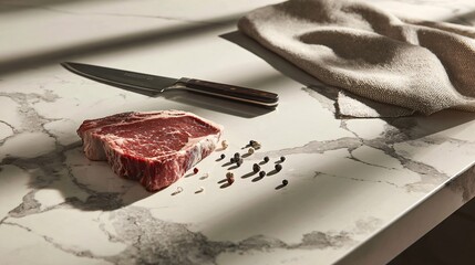 Raw Ribeye Steak with Peppercorns on Veined Marble Counter in Warm Natural Light