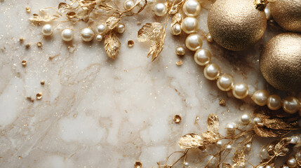 Subtle champagne holiday decor with sparkling pearls and gold flakes forming elegant frame, open center 