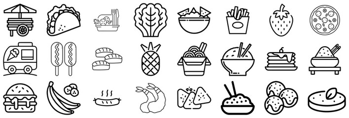Diverse Food Icons From Street Food to Desserts and Fruits