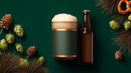 Festive Beer Bottle and Foam Mug with Hops on Dark Green Background