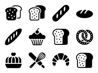 Collection of Black and White Bakery and Bread Icons