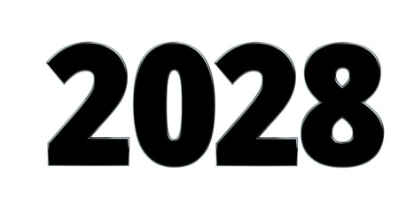 2028 - moderne plakative schwarze 3D Jahreszahl mit metallisch schimmerndem Farbverlauf, Neujahr, zukünftige Trends, Technologie, Business, Saison, Jubiläum, Innovation, Geschäftspräsentation, Schrift