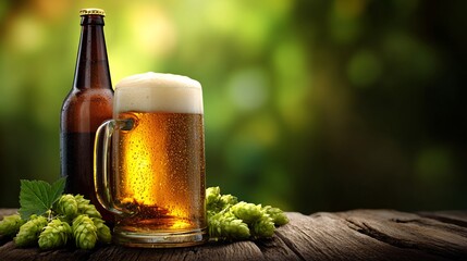 Golden Beer Mug with Hops on Rustic Wooden Table