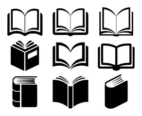 Collection of Black and White Book Icons on a White Background