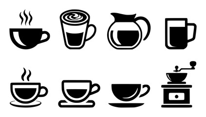 Collection of Black and White Coffee Icons Cups, Mugs, Carafe, and Grinder