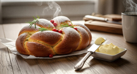 Homemade fresh baked white bread with butter and cheese is a delicious breakfast meal