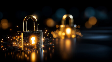 Orange padlock icons on dark background, defocused security elements, data protection concept, cybersecurity visualization, information safety system, digital lock technology, with
