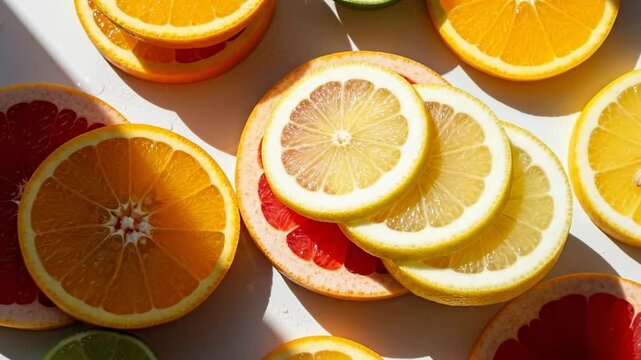 Bright and Refreshing Citrus Slices - A Vibrant Assortment of Oranges, Lemons, Limes, and Grapefruits Bathed in Sunlight.