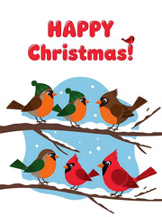 christmas poster with birds wearing hats and happy christmas text, christmas card with red and green birds on snowy branches, festive card with winter background and playful design
