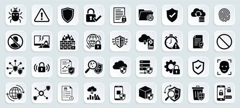 Cybersecurity glyph icon set. Vector pictograms of shield, lock, firewall, vpn, malware, cloud backup, warning, encryption, scan, and protection illustration