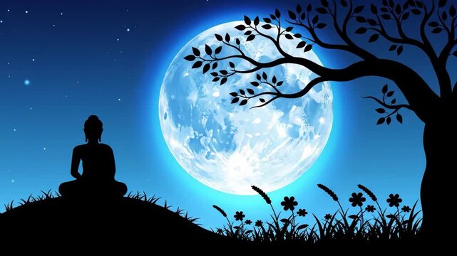 Buddhas Bliss Meditating under Moonlights Gaze.