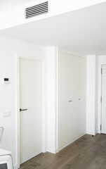 Minimalist white hallway interior with bright lighting, wood floor and clean built-in storage surfaces