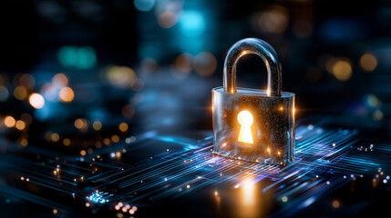 Secure digital agreement interface with glowing padlock, abstract data flow visualization, defocused circuit patterns, network protection concept, encryption technology, privacy se