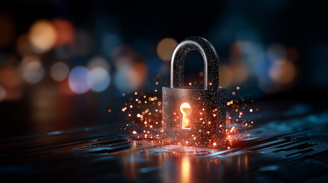 Secure digital agreement interface with glowing padlock, abstract data flow visualization, defocused circuit patterns, network protection concept, encryption technology, privacy se