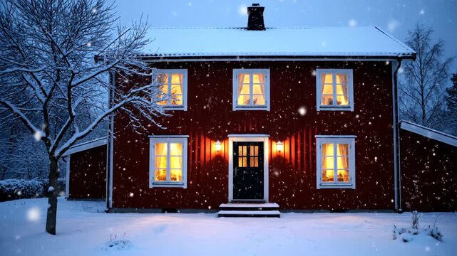 A red cottage glows brightly from within, surrounded by fresh snow and falling flakes, at dusk. A leafless tree stands nearby