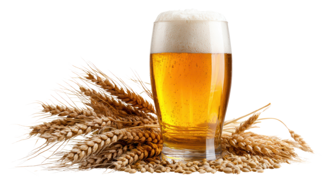 Glass of beer with frothy head, surrounded by wheat, white isolate background.