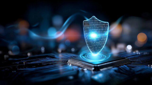 Cyber security shield protecting data waves, circuit board technology background, defocused electronic patterns, innovation protection concept, digital defense system, network safe