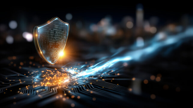 Cyber security shield protecting data waves, circuit board technology background, defocused electronic patterns, innovation protection concept, digital defense system, network safe - Powered by Adobe
