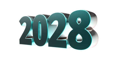 2028 - moderne plakative 3D Jahreszahl mit metallisch türkis schimmerndem Farbverlauf, Neujahr, zukünftige Trends, Technologie, Business, Saison, Jubiläum, Innovation, Geschäftspräsentationen, Schrift