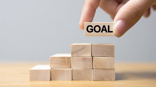 Hand lifting wooden block with GOAL word on top, success business concept