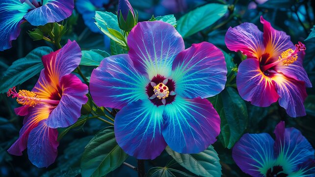 A vibrant display of colorful hibiscus flowers in full bloom detail