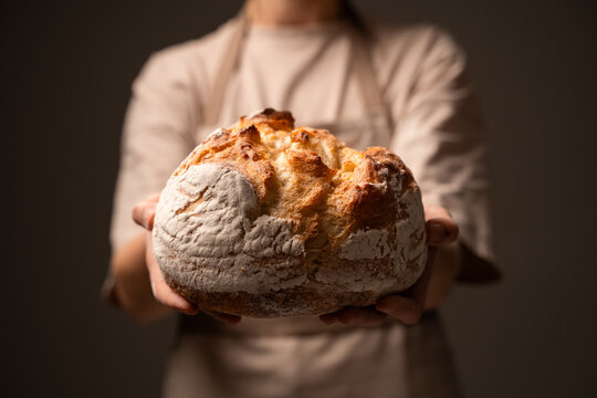Rustic artisan sourdough loaf held by baker in soft golden lighting - Powered by Adobe