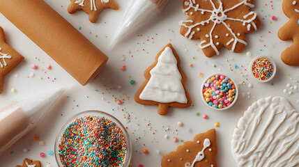Sweet gingerbread decorating layout with icing bags, sprinkles, baked shapes and open white space