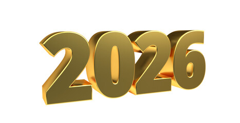 Moderne 3D-Schrift 2026 - plakative goldene Jahreszahl mit schimmerndem Farbverlauf, Neujahr, Zukünftige Trends, Technologie, Business, Saison, Jubiläum, Innovation, Geschäftspräsentationen