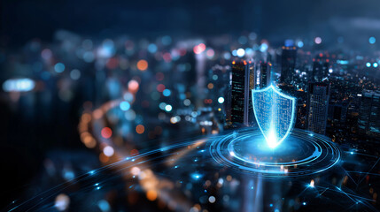 Futuristic digital cityscape with glowing security shield, defocused urban lights, advanced cybersecurity concept, data protection technology, network defense visualization, tech i
