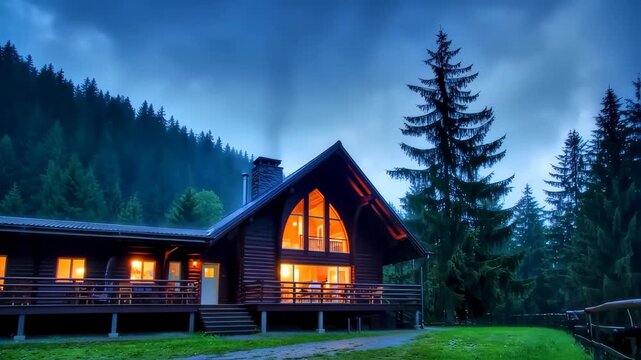 wooden house with chimney, covered in snow