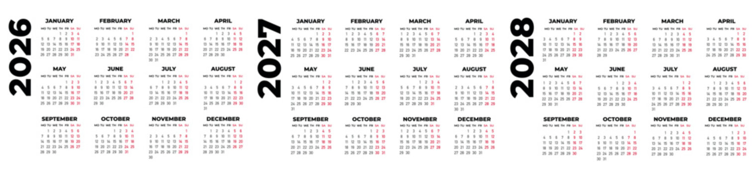 calendar 2026, 2027 and 2028