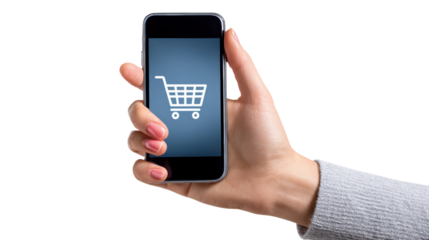 Hand holding smartphone displaying shopping cart icon, white isolate background.