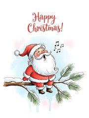 christmas poster with santa singing happy christmas, christmas card with musical notes and watercolor background, festive card with pine tree and cheerful holiday spirit
