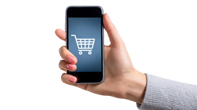 Hand holding smartphone displaying shopping cart icon, white isolate background.