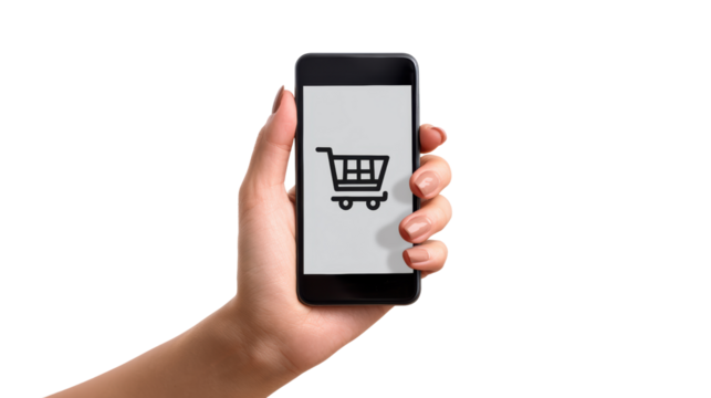 Hand holding smartphone displaying shopping cart icon, white isolate background. - Powered by Adobe
