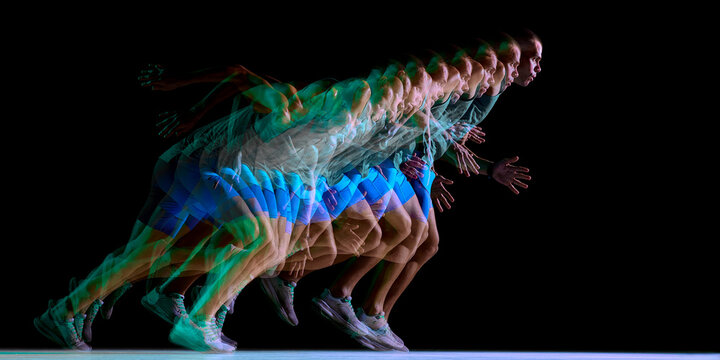 Multi-exposure view of athlete accelerating from sprint start. Concept of sprint mechanics lessons, sports science labs, coaching material, performance optimization content.