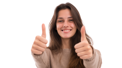 Happy woman giving thumbs up, cheerful expression, positive attitude, isolated background.